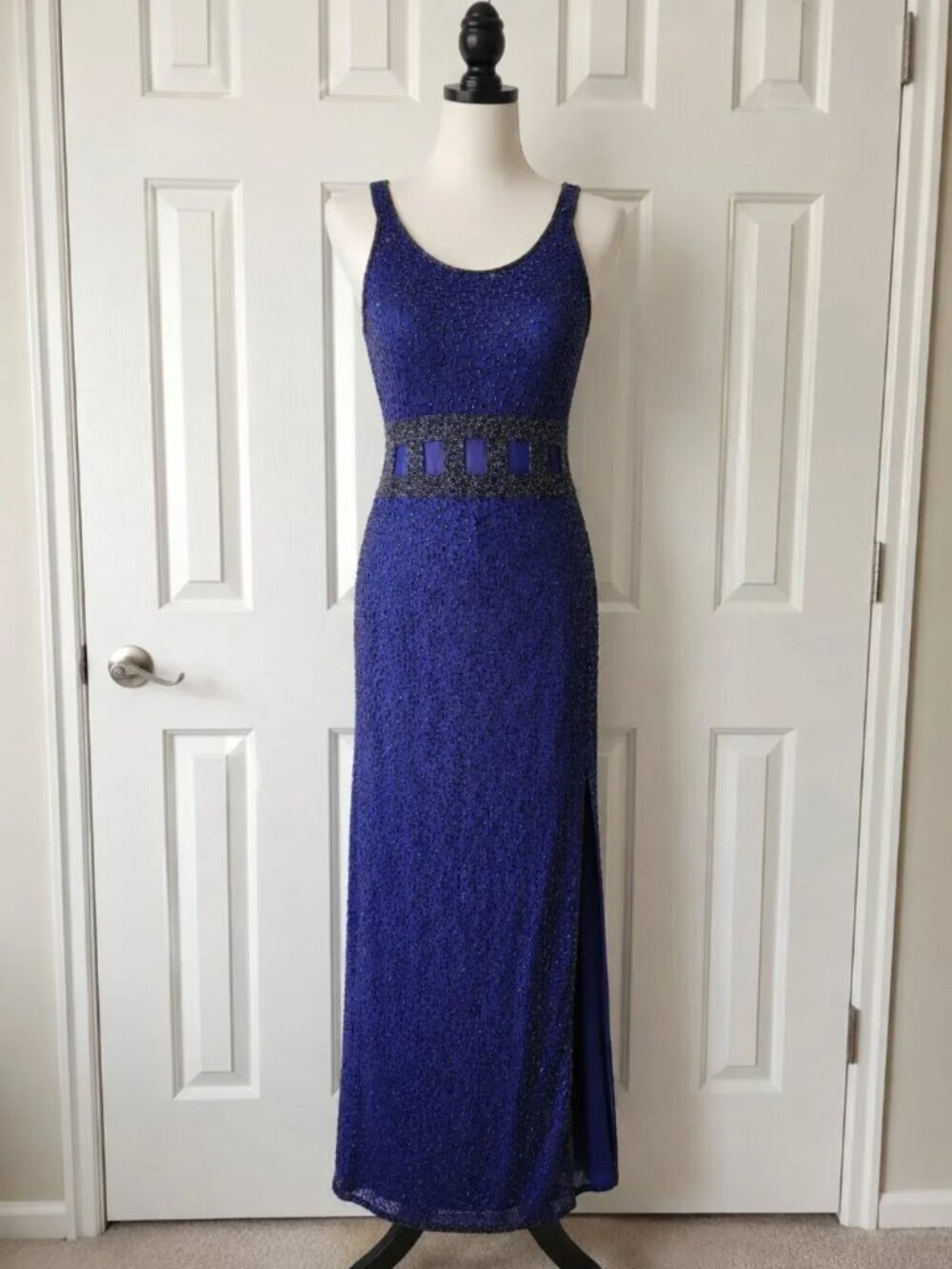 Vintage Andretta Donatello 100% Silk Beaded Evening Gown Blue Size L